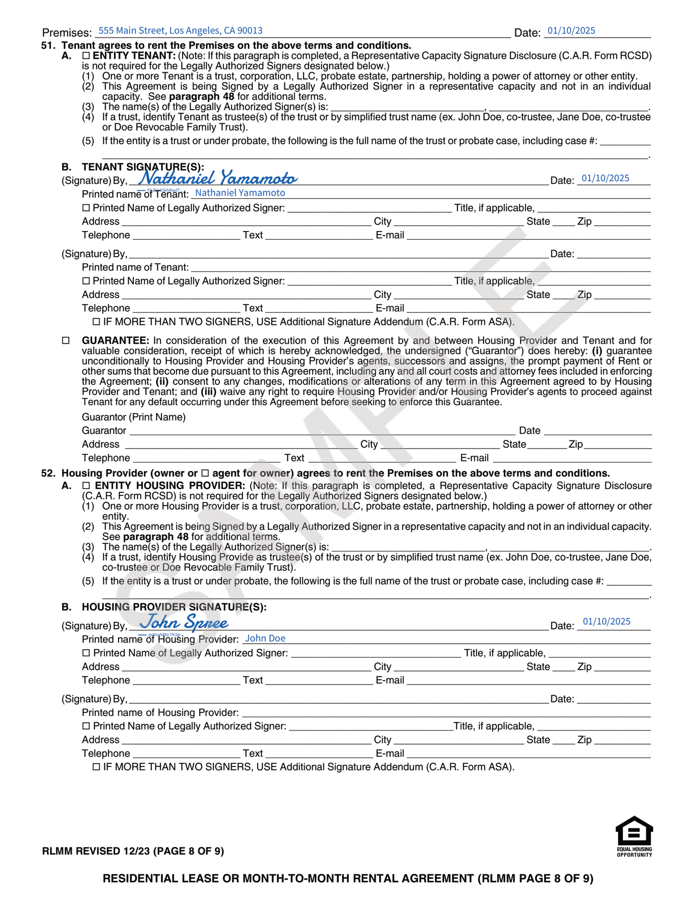 Sample Document: California Association of Realtors Sample Lease Agreement